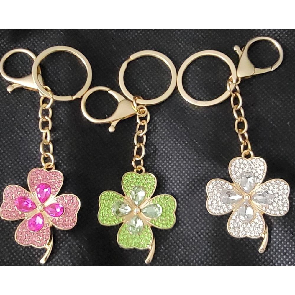 Crystal Four Leaf Clover Keychain‎ Gold Tone Rhinestone Shamrock Lucky Charm 3pc